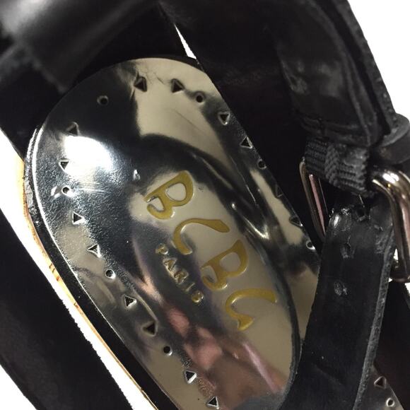 BCBG Paris Black Strappy Platform Shoes Size 9 with Wood Balance Sandal Heels - Picture 8 of 8